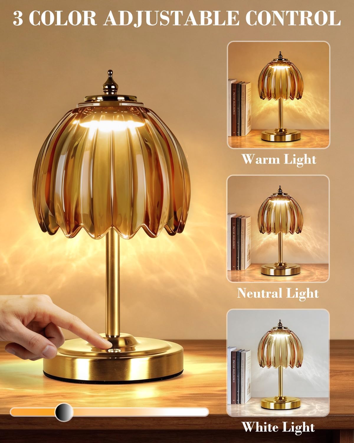 WERFOP Rechargeable Tulip Table Lamp, 5400mAh Cordless & Touch Control Bedside Lamp with 3 Adjustable Color Temperatures & Dimmable Brightness Desk Light for Bedroom, Living Room, Office (Amber)