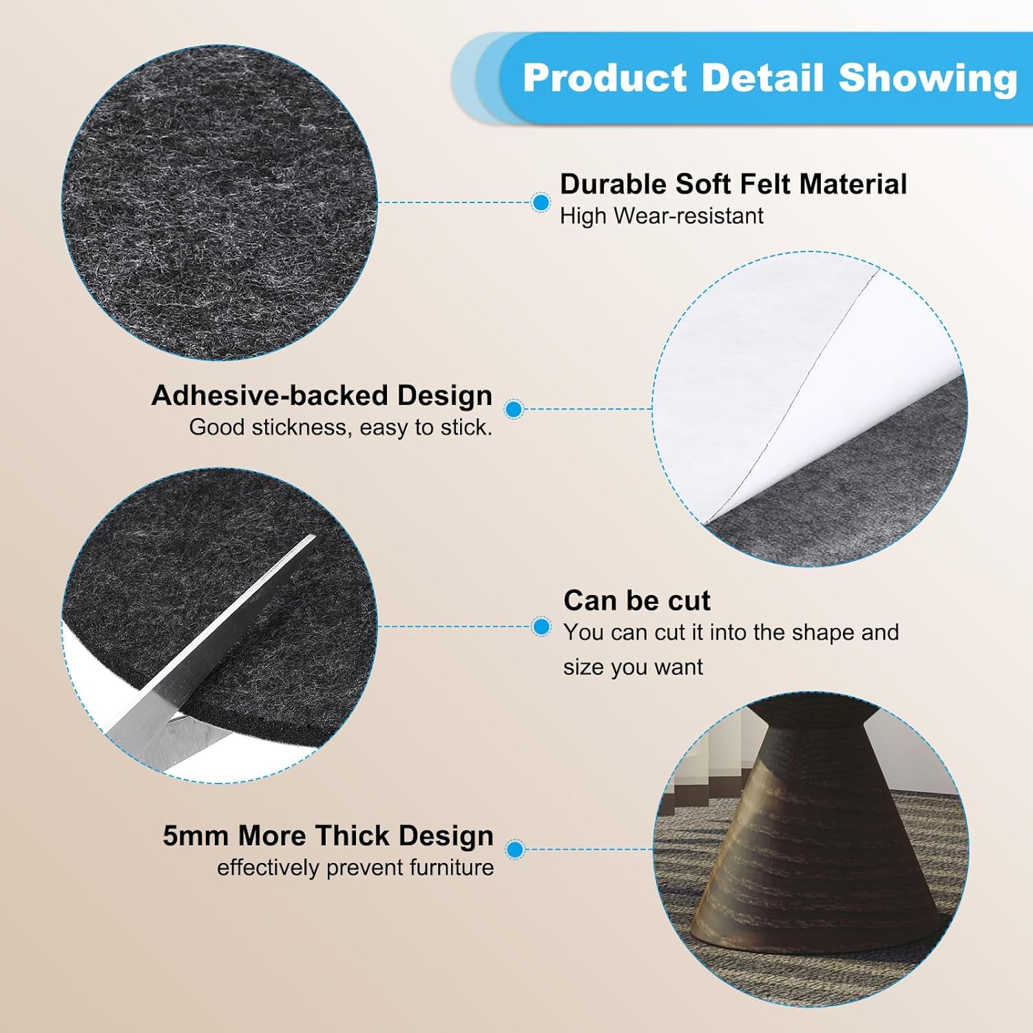 PATIKIL 5" Diameter Felt Furniture Pads, 4 Pack 1/5" Thick Lamp Base Felt Round Soft Adhesive Non-Slip Anti-Scratch Backed Felt Floor Protector for Lamp Furniture DIY Craft, Dark Grey