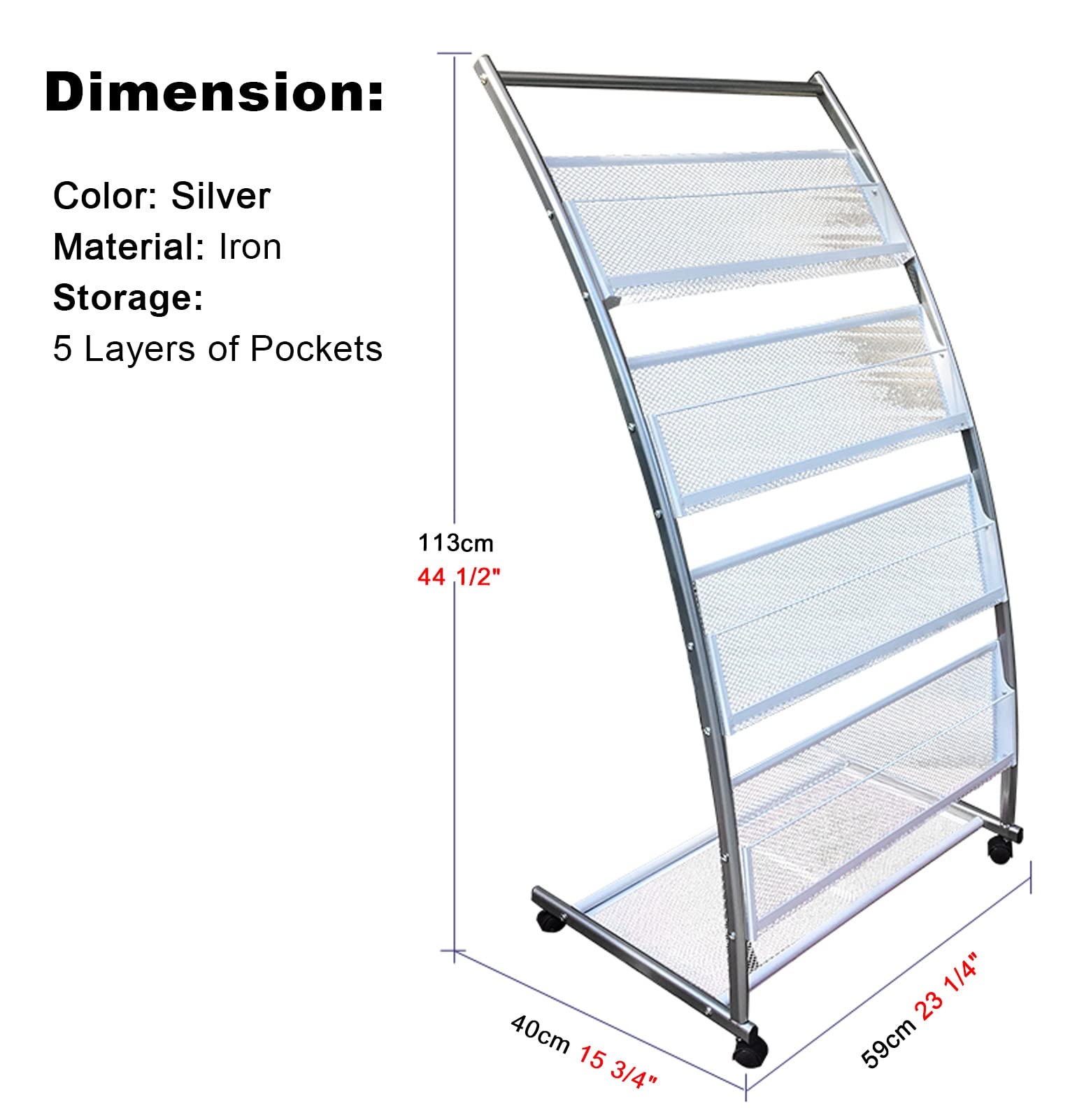 Prospektständer Metallbroschürehalter - 5 Tasche, Zeitschriftenständer mit Rollen, Tragbar Krankenhäuser Ausstellungsbankenbüro Pamphlet Organizer Rack