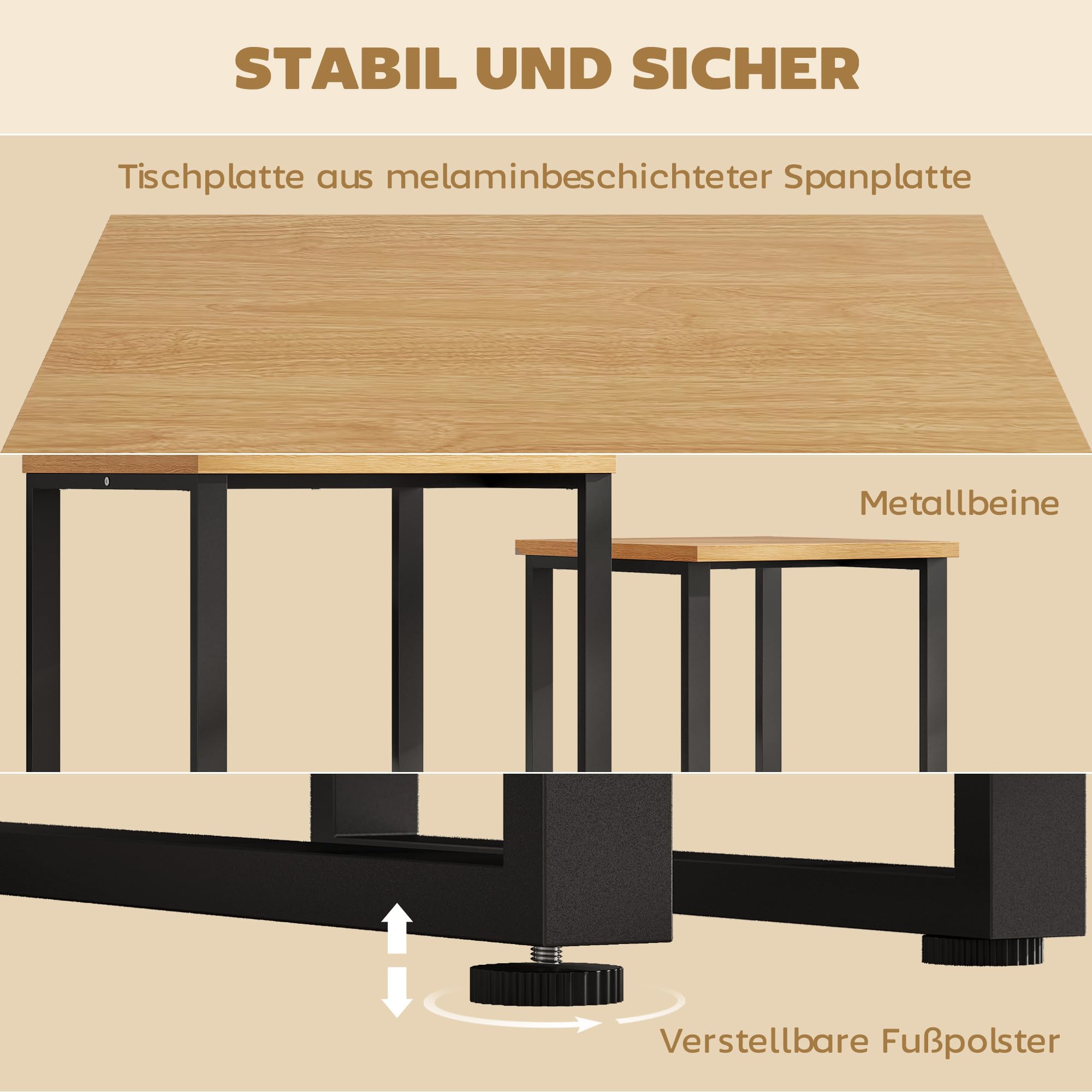 HOMCOM Couchtisch Satztisch mit Metallrahmen für Wohnzimmer Natur