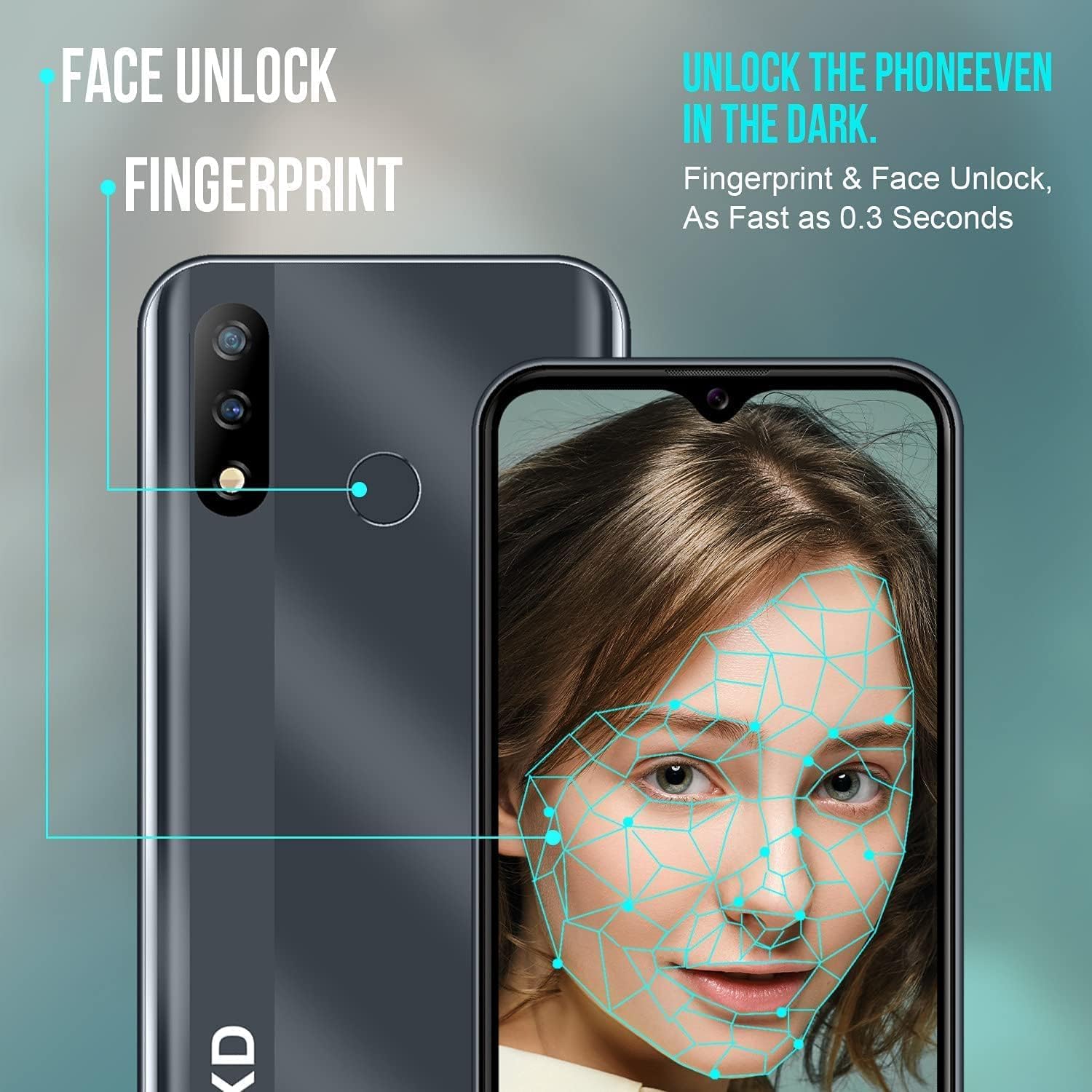 KXD D68S phone illustrating Face Unlock and Fingerprint features