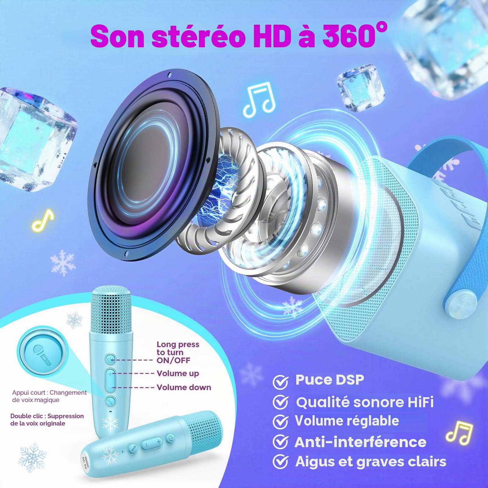 Braxel Micro Karaoke Enfant, Kit Karaoké Bluetooth Thème La Reine des Neiges avec 2 Micros, Effets Vocaux et Lumières LED, Haut-Parleur Portable, pour Filles 3-12 Ans (Bleu)