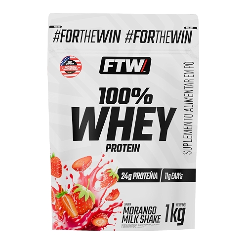 FTW 100% Whey Protein com Proteína Concentrada WPC, para Atletas com Alto Valor Biológico, Suplemento Pós-Treino Sem Glúten - Refil 1kg (Sabor Morango Milk Shake)