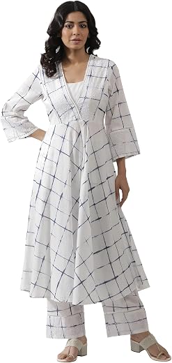 W Women White Tie-Dye Print Cotton Co-Ord Kurta Set & Straight Pant