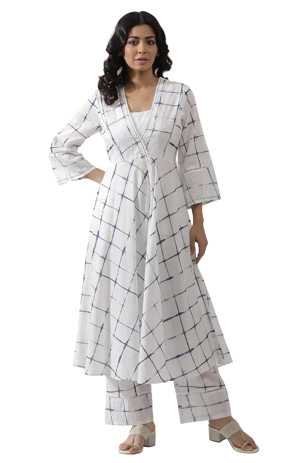W Women White Tie-Dye Print Cotton Co-Ord Kurta Set & Straight Pant