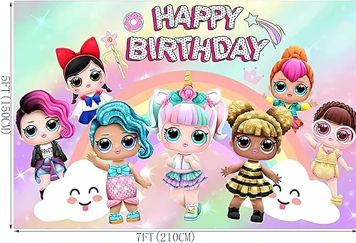 Miniatura 2 de Muñecos de juguete de 7 x 5 pies, telón de fondo de fotografía de feliz cumpleaños para niñas, fondo de fiesta de cumpleaños, cartel de baby shower