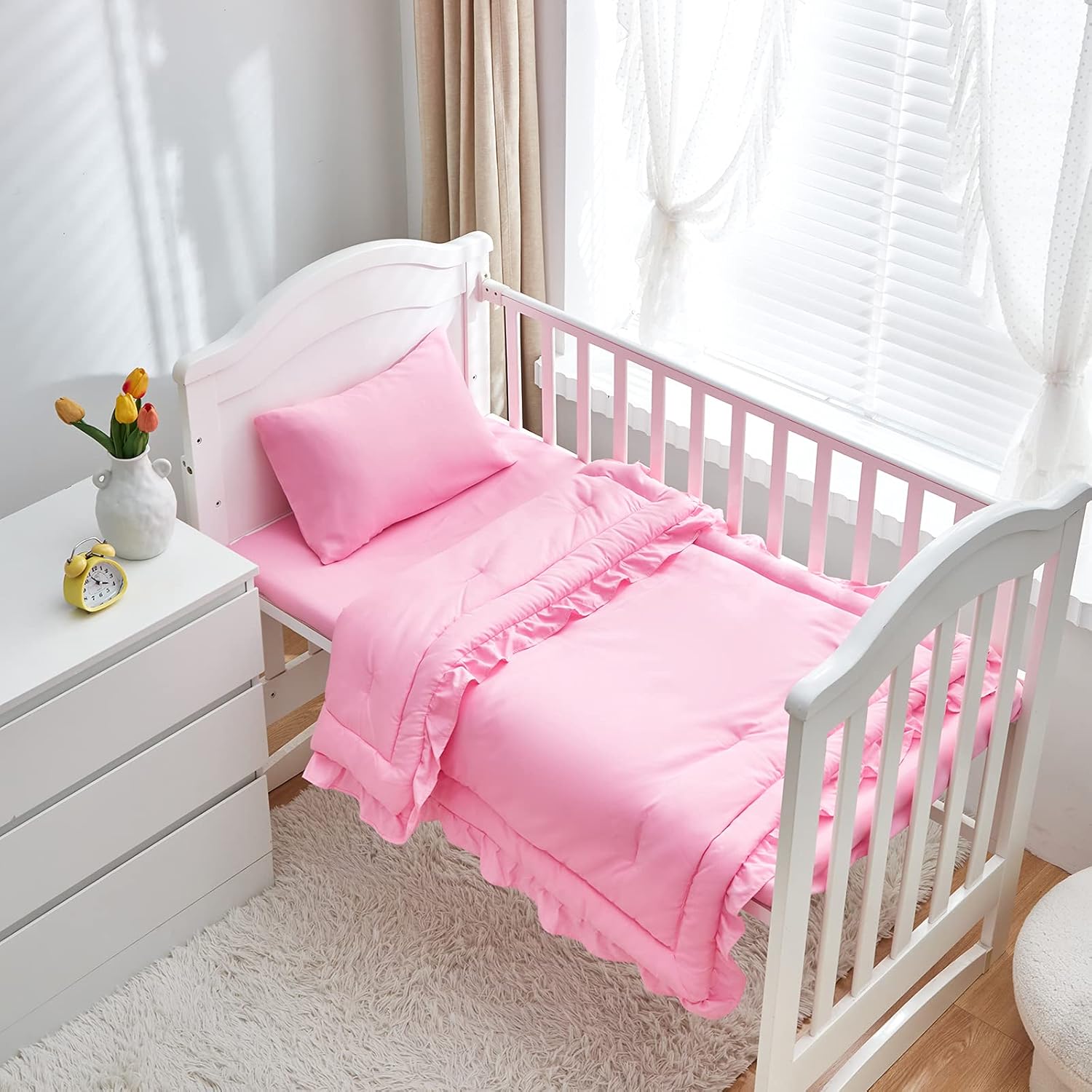 3 Pieces Crib Bedding Set Baby Ruffle Quilted Comforter with Fitted Sheet and Pillow - Cute Ruffled Shabby Chic Bedding Soft Blanket Design Pink : Baby