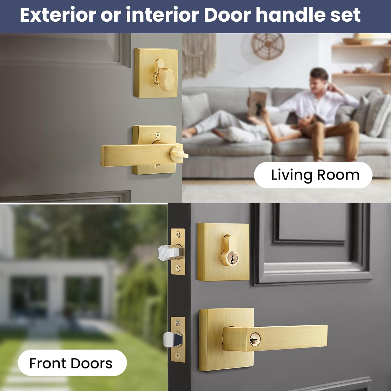 EHOMEWARE ドアハンドルセット シングルシリンダーデッドボルト付き サテン真鍮デッドボルト 左右兼用 リバーシブル シングル