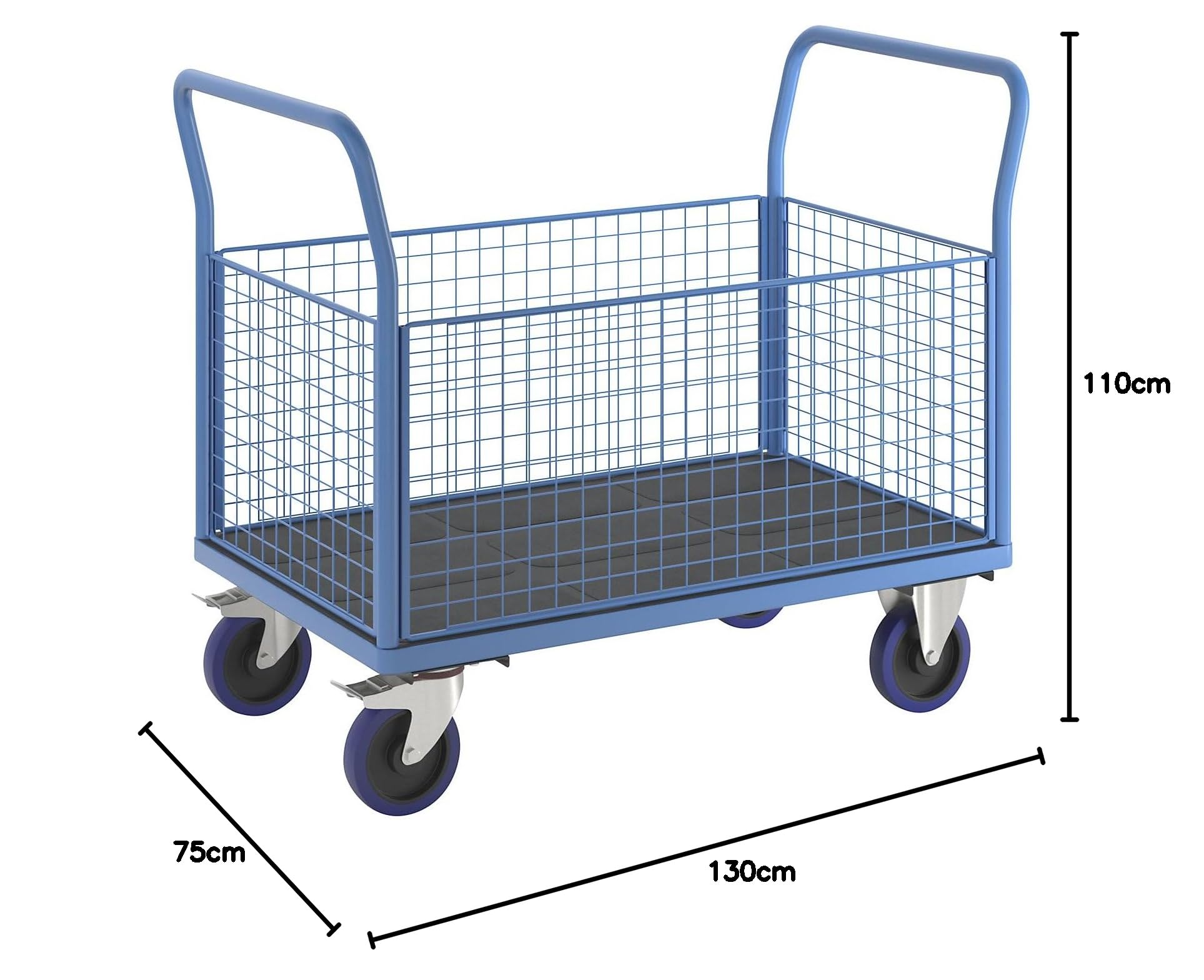 eurokraft pro | Plattformwagen mit Gitterwänden | Vollelastik-Rollen, 4 hohe Gitter, LxB 1200 x 750 mm