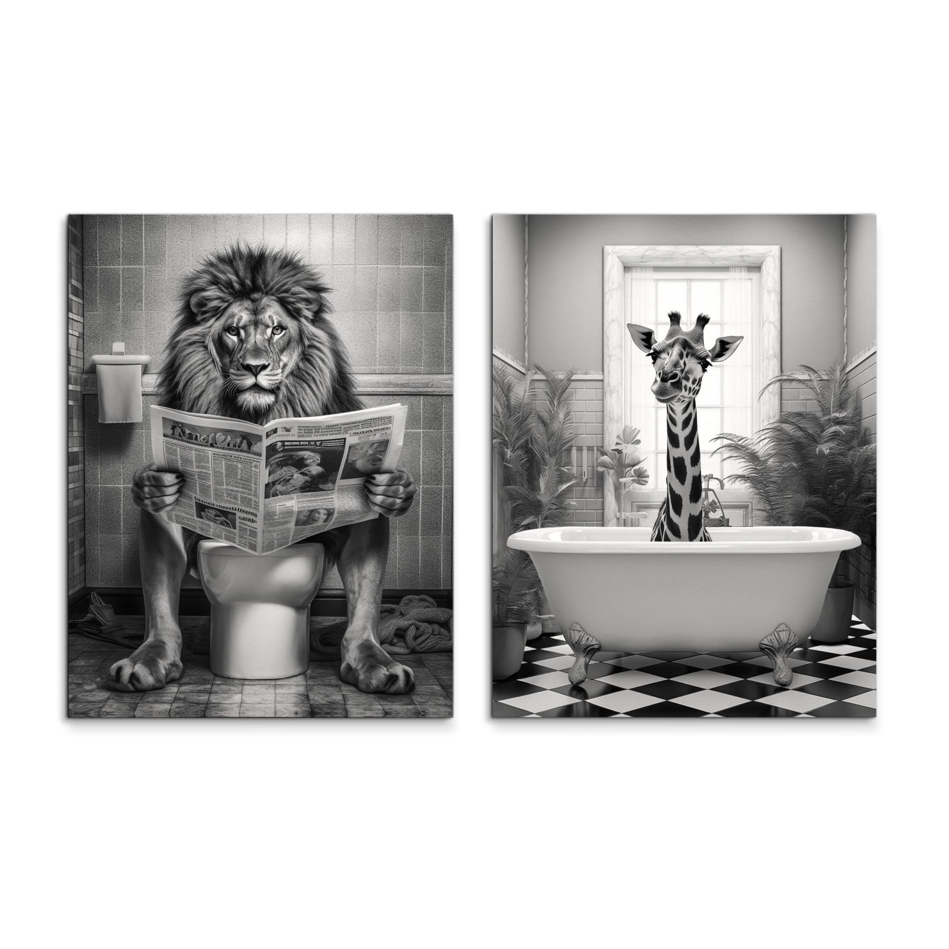 Ensemble de tableaux sur toile STYLER Fun 2x 32x42 cm (PRÊT À ACCROCHER) - Lion aux toilettes et girafe dans la baignoire - Décoration amusante de salle de bain - Noir et blanc