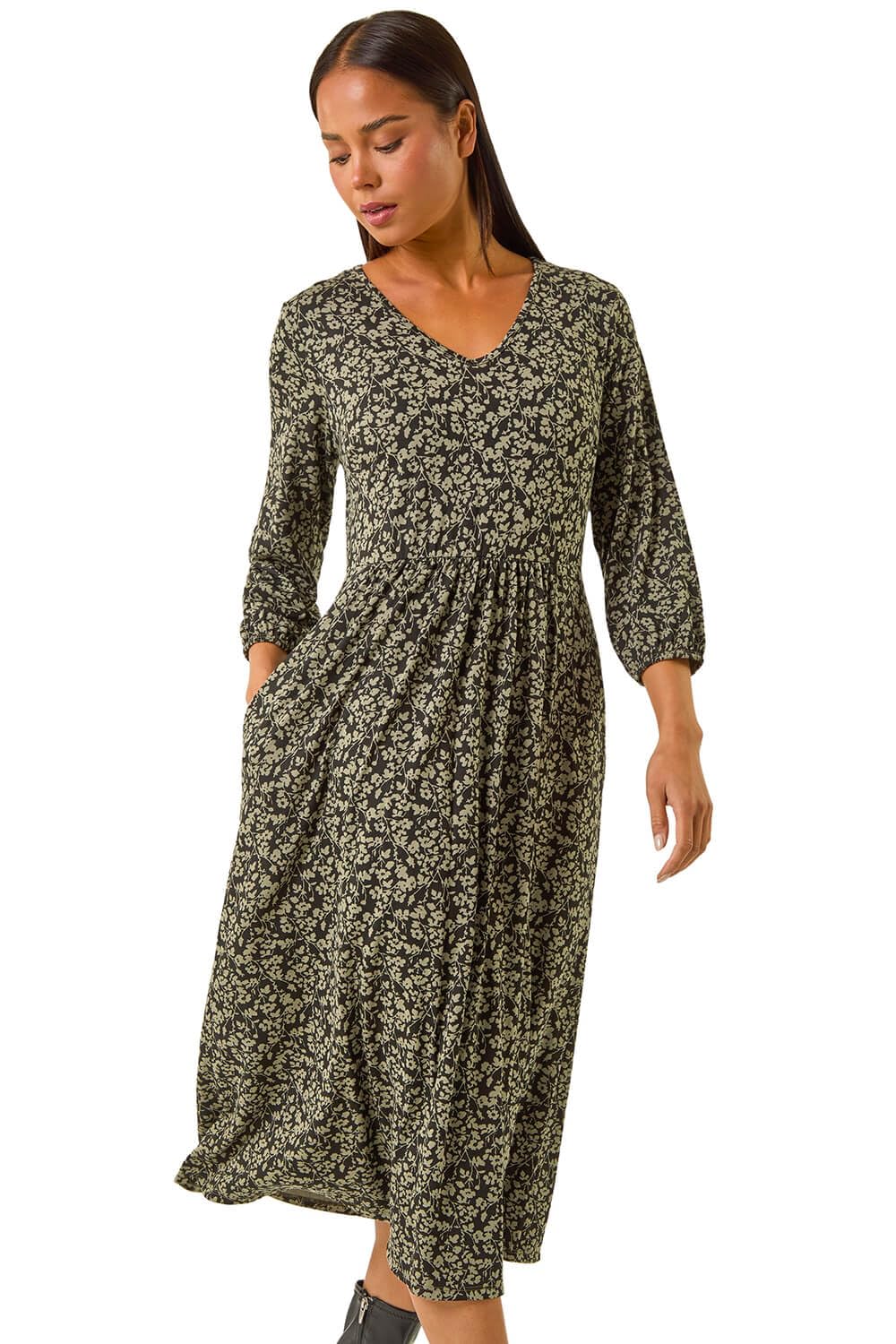 Roman - Women's Petite Floral Midi Dress - Khaki - Size 14