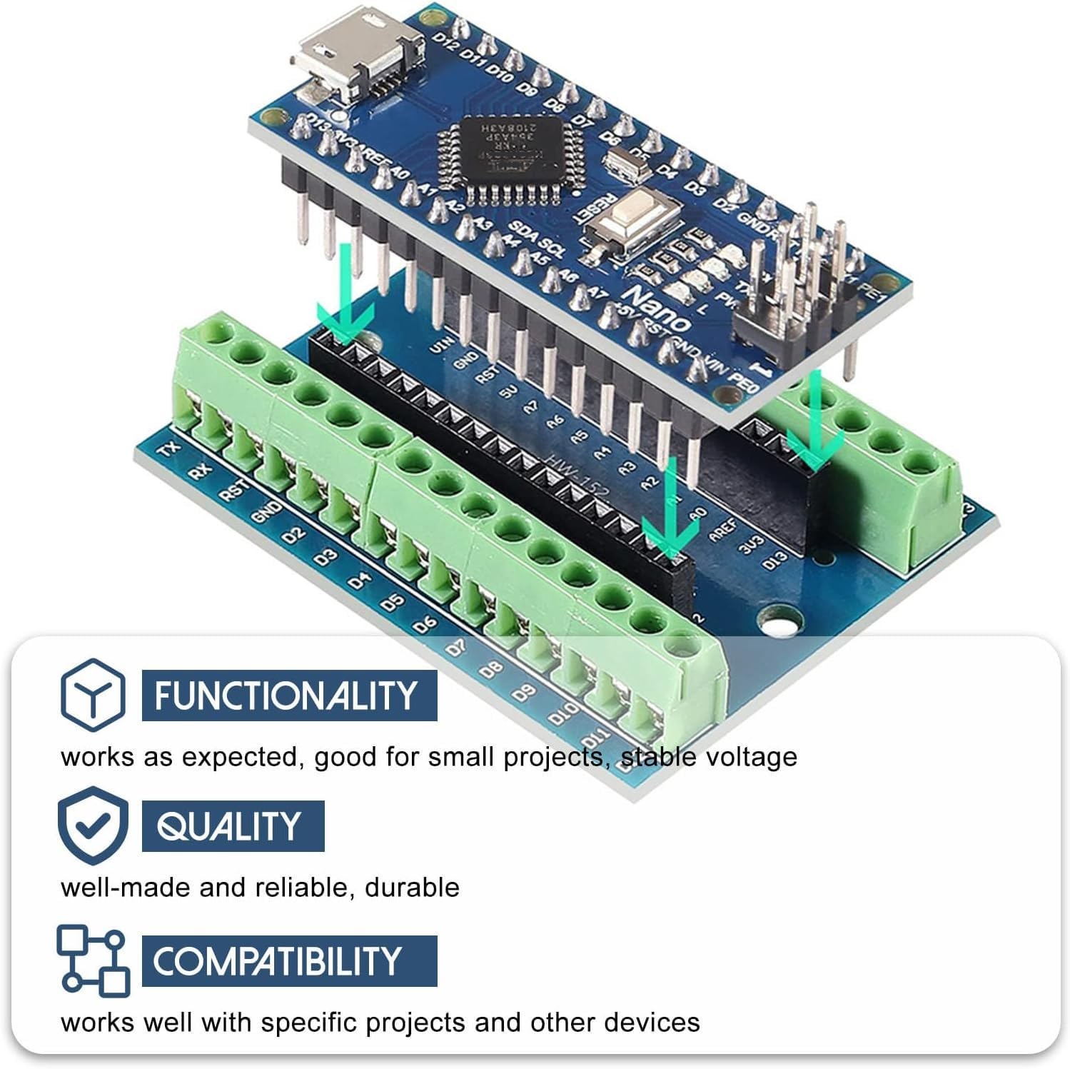 3pcs Nano Modulo Saldato, Nano Scheda CH340 Chip, 5V 16MHz per Arduino, con un Cavo Micro USB e 3PCS Nano Terminal Adapter Shield Scheda di Espansione
