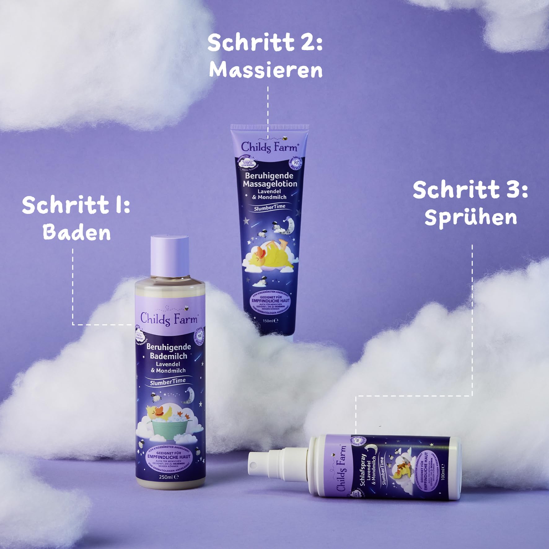 Childs Farm SlumberTime uspokajające mleczko do kąpieli, lawendowe i księżycowe, 250 ml, delikatne kąpiele piankowe przed snem, dla wrażliwych lub skłonnych do egzemy noworodków, skóry niemowląt i