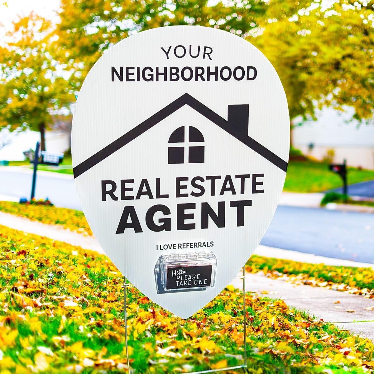 Neighborhood Real Estate Agent Map Pin Yard Sign Kit with Clear Acrylic Business Card Holder and Metal Yard Stake, Marketing Supply (Pack of 1, Neighborhood Agent Pin Sign Kit)