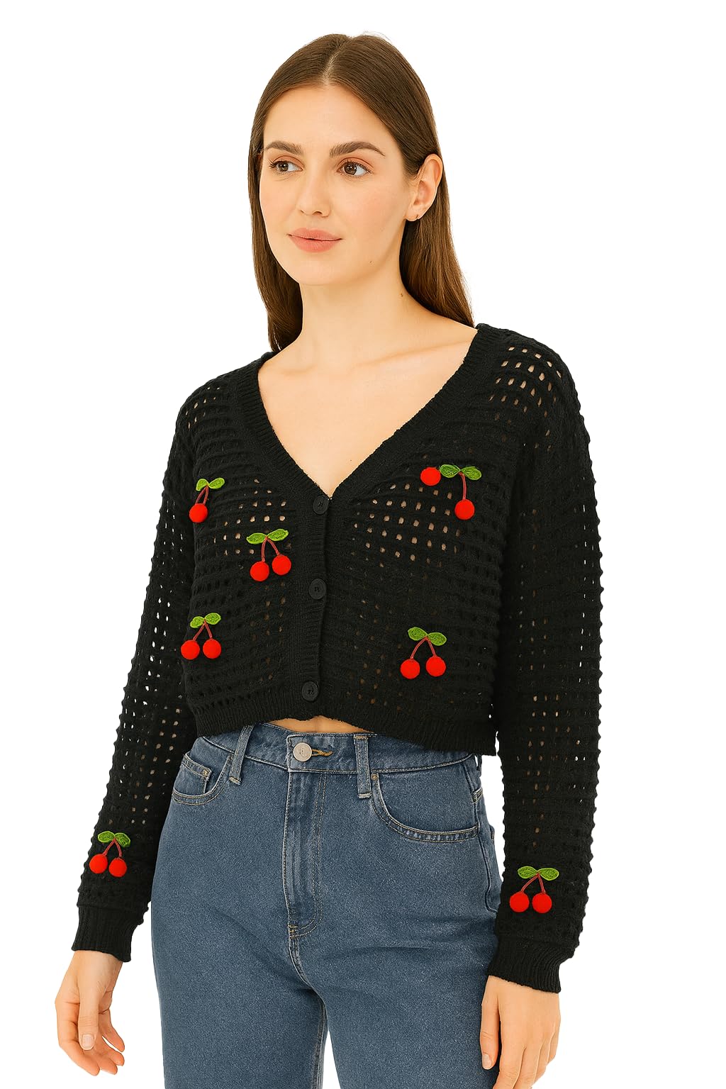 Buy ICW Women Knit Cardigan with 3D Cherry V-Neck Long Sleeve