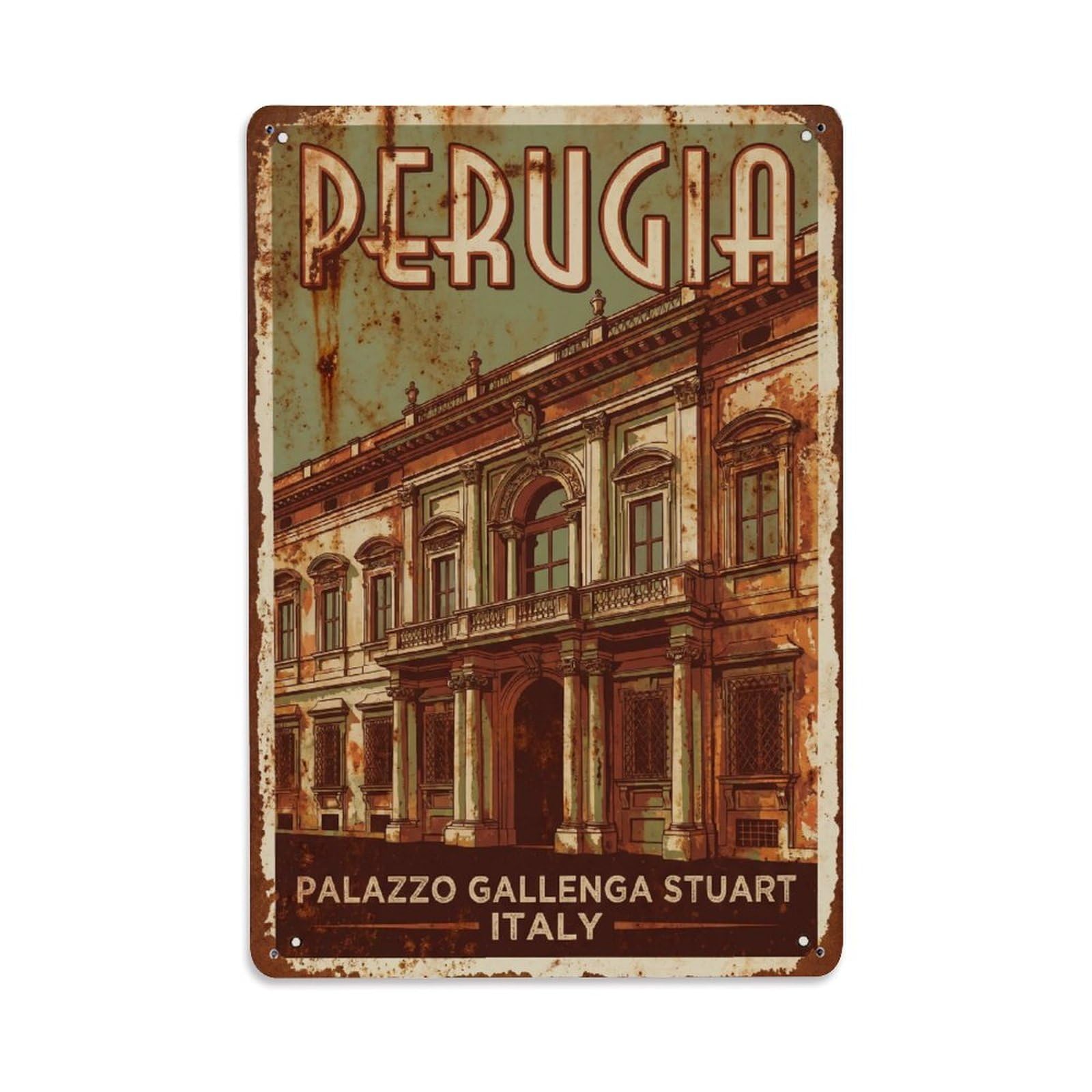 Vintage Travel Perugia Palazzo Gallenga Stuart Italy Metal Tin Sign Plaque Wall Decor for Cafe, Club Bar, Office, Home Garden Metal Poster 8x12Inch