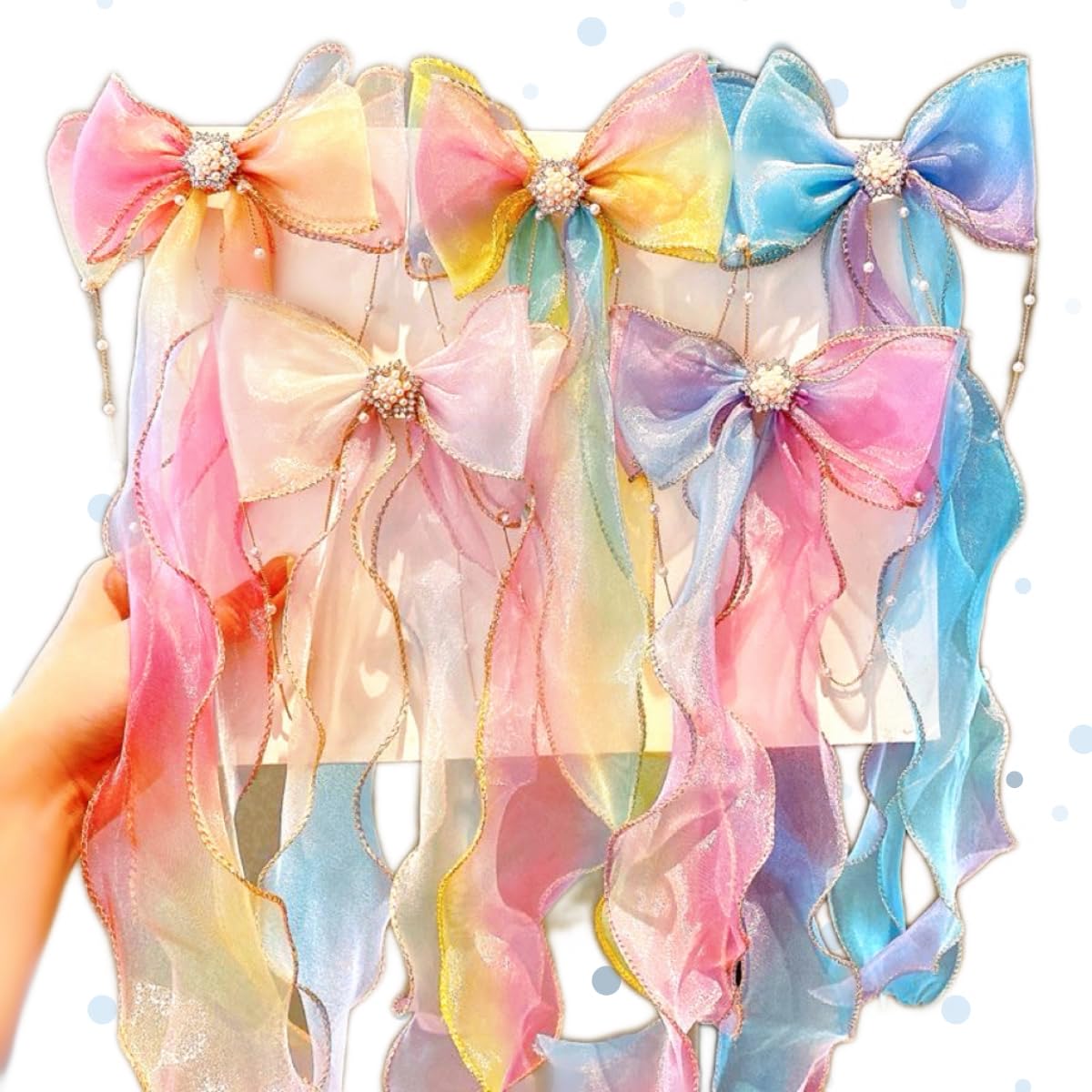 5PCS Princess Hair Bows, Colorful Ribbon Hair Clips, Rainbow Bowtie Long Tail Bow Barrettes, Duckbill Clips, Hand-made Glitter Fairy Hair Accessories for Girls Kids Gifts