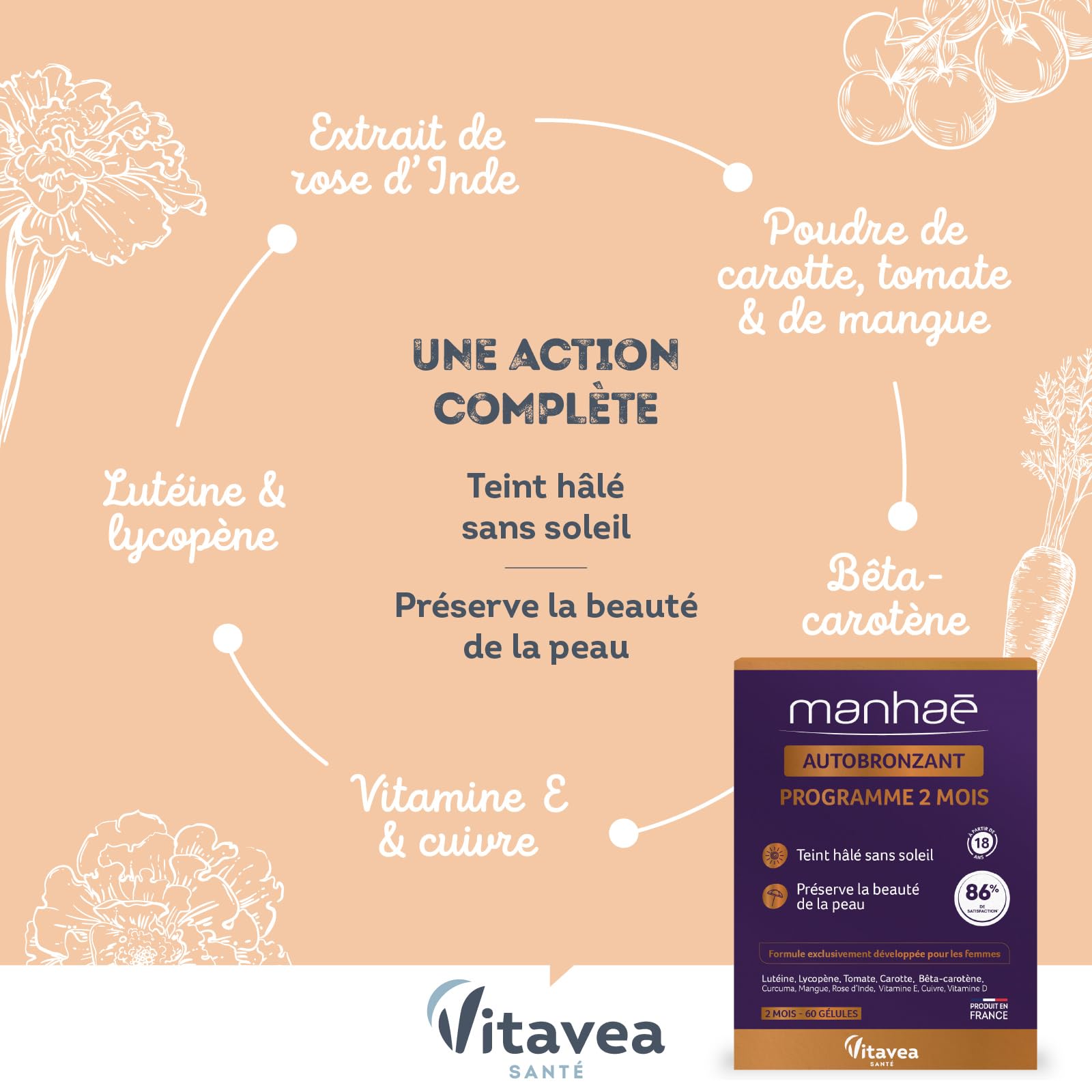 Vitavea - Manhaé - Autobronzant - Complément alimentaire autobronzant - Teint hâlé sans soleil - Préserve la beauté de la peau - 60 gélules - 2 mois - Fabriqué en France