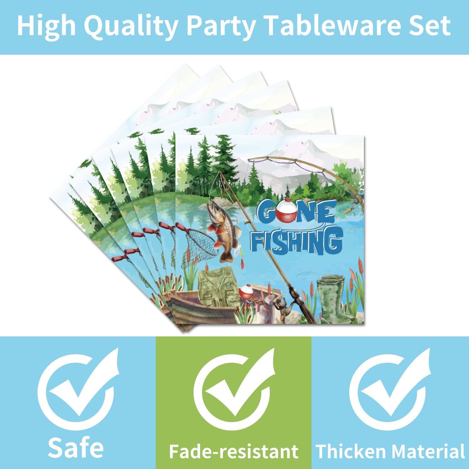 EUOYUFO 96PCS Gone Fishing Plates and Napkins Party Supplies - Fishing Birthday Party Decorations Fishing Themed Disposable Paper Tableware Set Serves 24 Guests