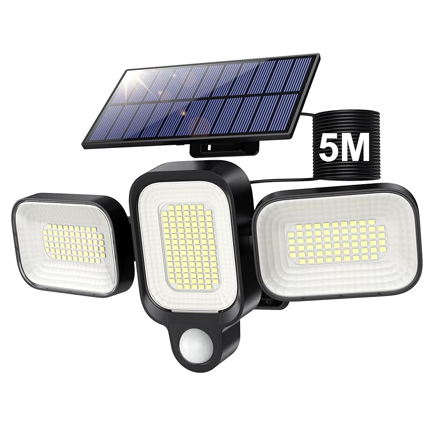 Immagine del prodotto Luce Solare LED Esterno, 225 LED 3 Modalità Luci Solari da Esterno con Sensore di Movimento, 2500LM 3 Teste Regolabile, IP65 Impermeabile Luci Solare Giardino con Pannello Solare Indipendente -1 Pezzi