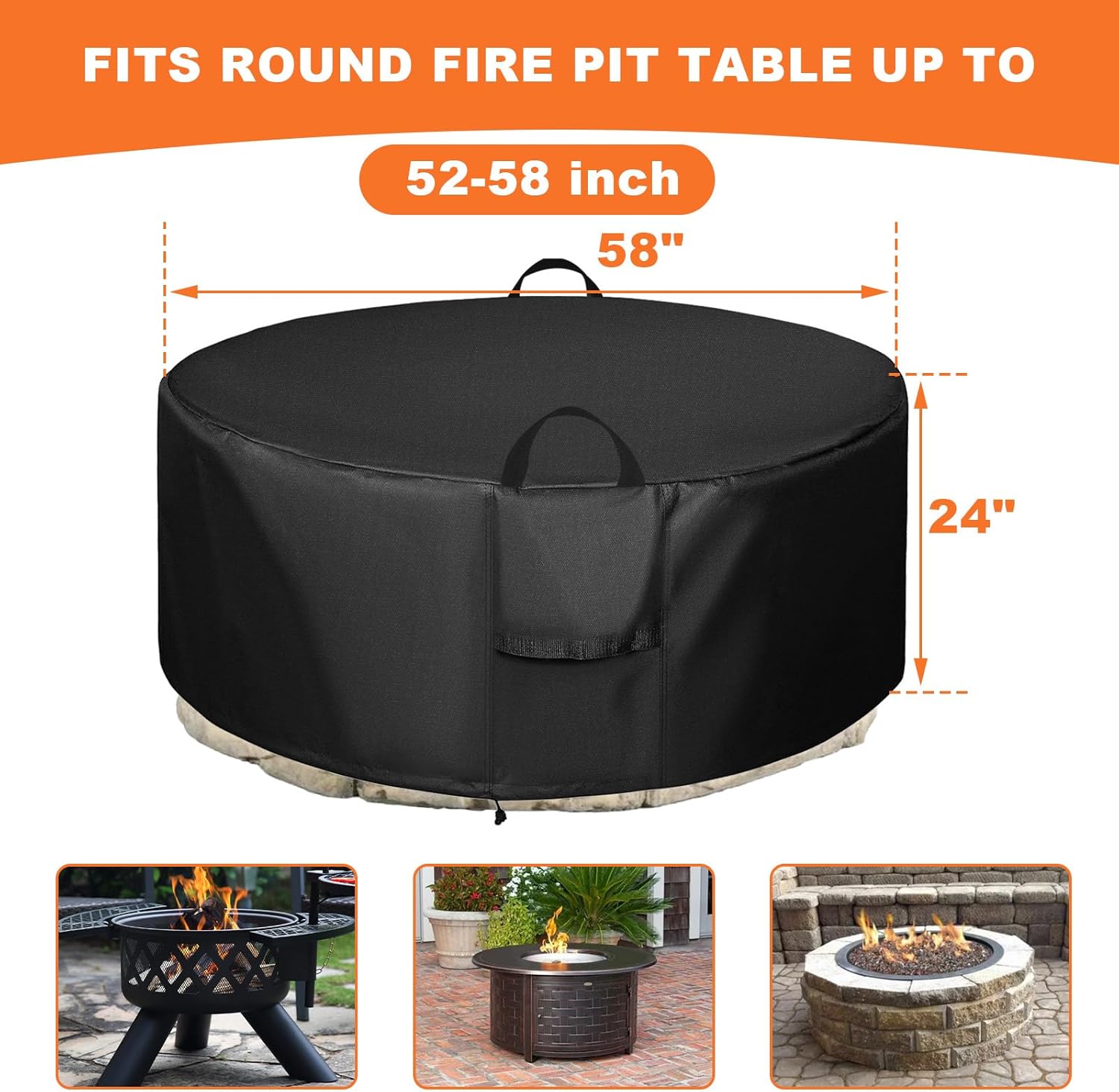 Outdoor Fire Pit Cover for 52-58 inch Fire Pit, 58" Dia x 24" H -black 600D Heavy Duty Waterproof Patio Table Cover wiith Air Vent, Handle & Tightening Drawstring, Dustproof Anti UV Outdoor Covers