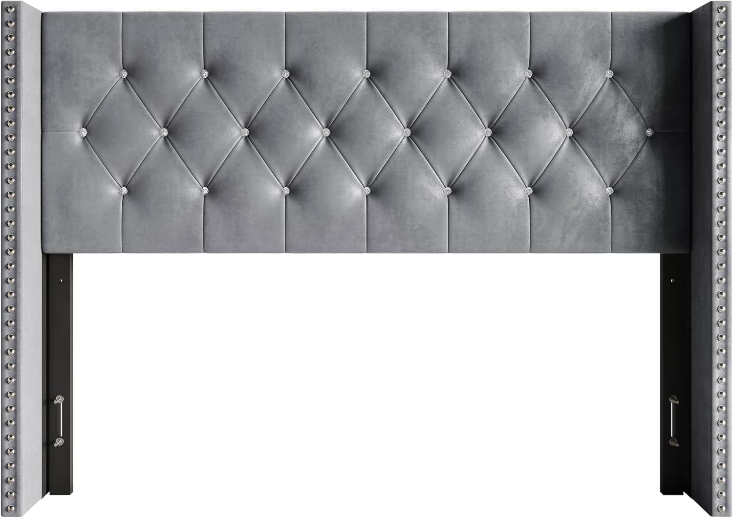 HOME DESIGN Gretna Twin Wingback Tufted Upholstered Velvet Headboard with Chrome Nailhead Trim, Silver Gray