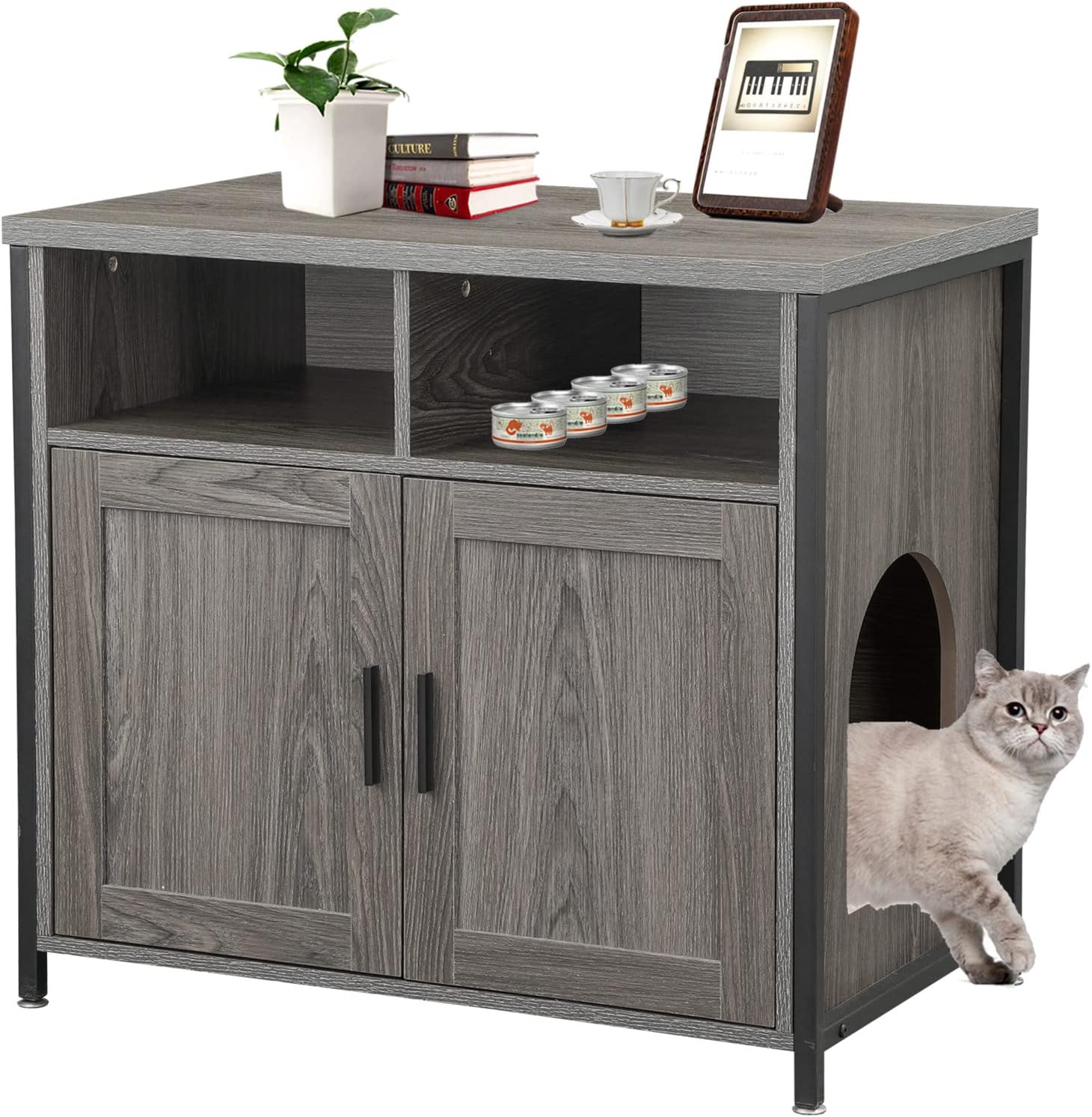 Muebles de caja de arena para gatos, banco de almacenamiento de arena oculto para gatos con estructura de madera resistente y puerta doble,