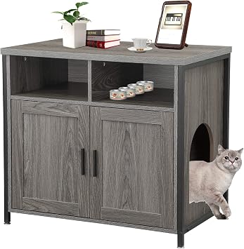 Cat Litter Box Enclosure Furniture, Hidden Cat Washroom Litter Storage Bench with Sturdy Wooden Structure and Double Door, Spacious Indoor House for Kitty