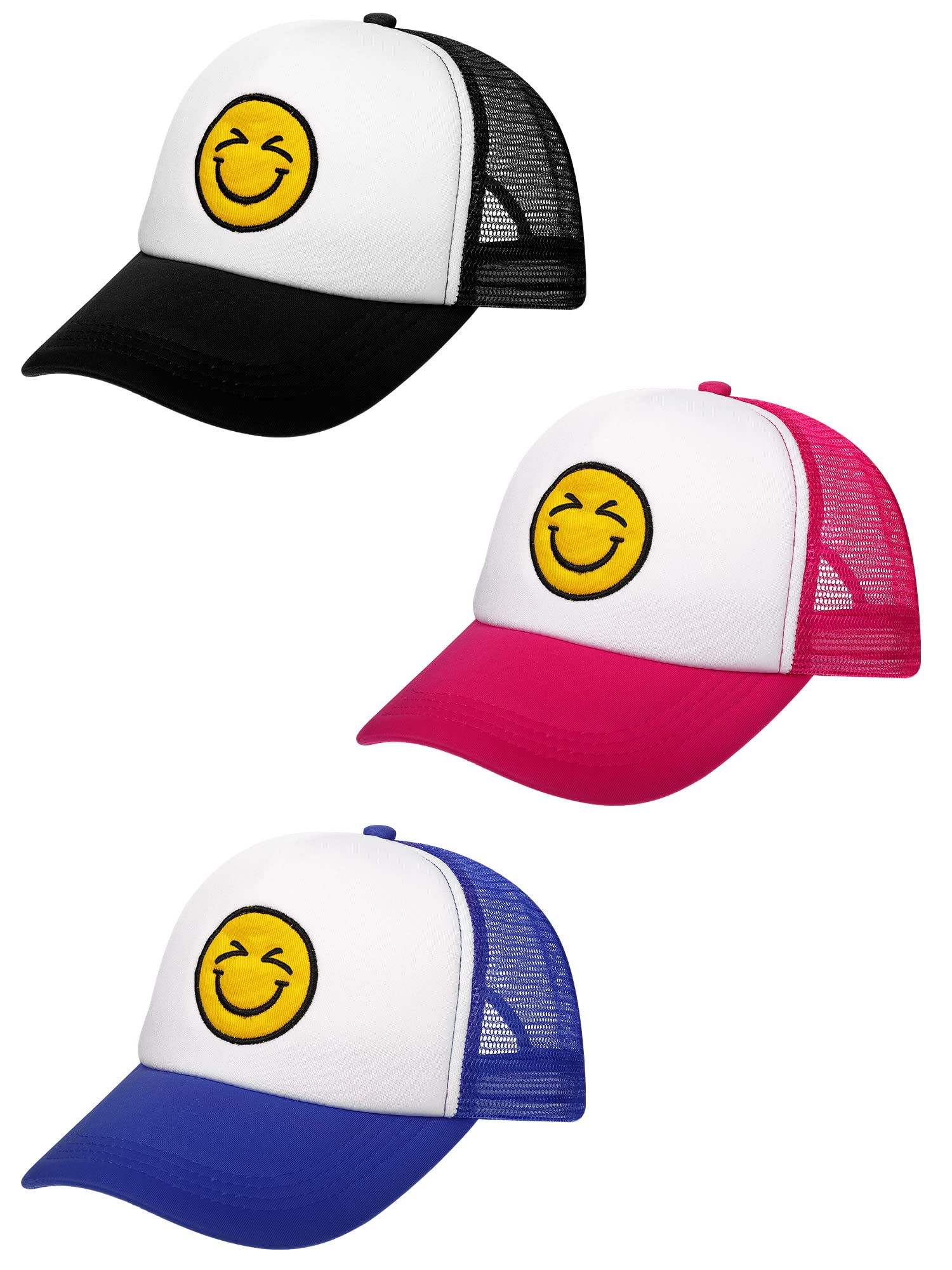 Sintege3 Pieces Smile Face Baseball Hats Adjustable Mesh Back Caps Summer Foam Mesh Cap Trucker Hats for Women Men