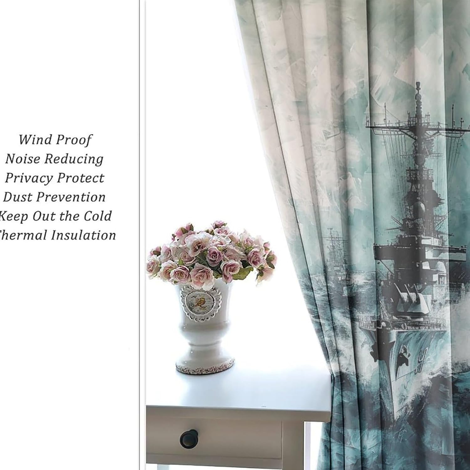 Vintage Oil Painting American Battleship Curtains Top Grommets Window Treatment,Rustic Navy Nautical Theme Army Ship Print Curtains Blackout Thermal Insulation Curtain-2 Panels 45" L x21 W