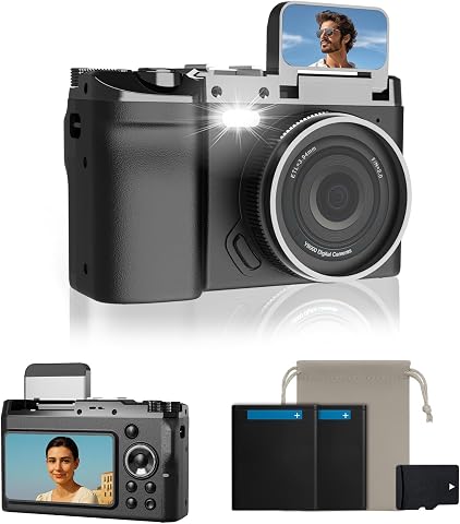Cámara Digital 4K 64MP, Cámara Compacta Retro con Doble Pantalla y Flash, Batería de Larga Duración, Zoom 16X, Cámara de Fotos para Vlogging con Múltiples Modos (Tarjeta SD 32GB)