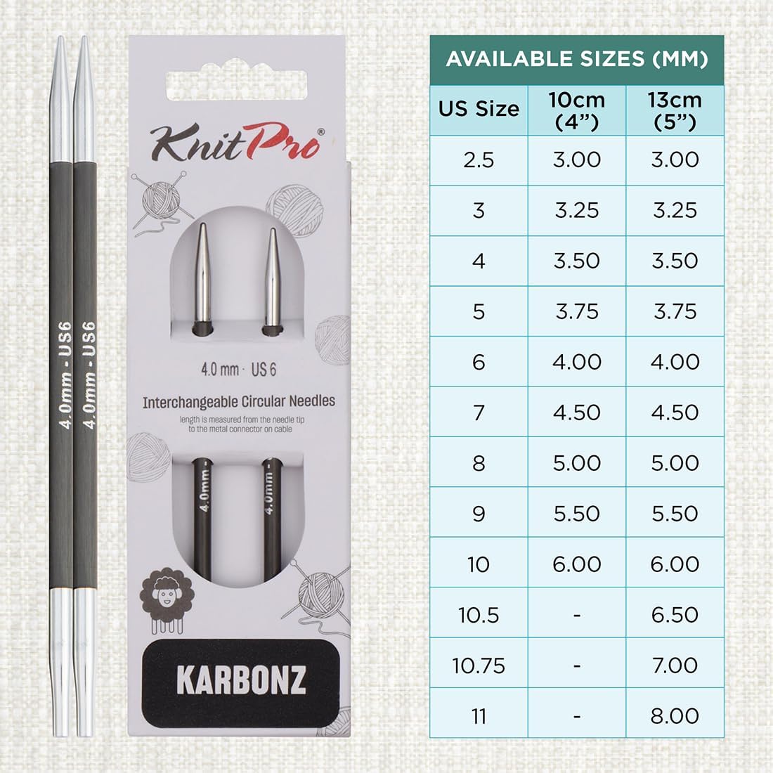 KnitPro Karbonz Interchangeable Circular Needle 5" (13cm) | US Size 6 (4mm)