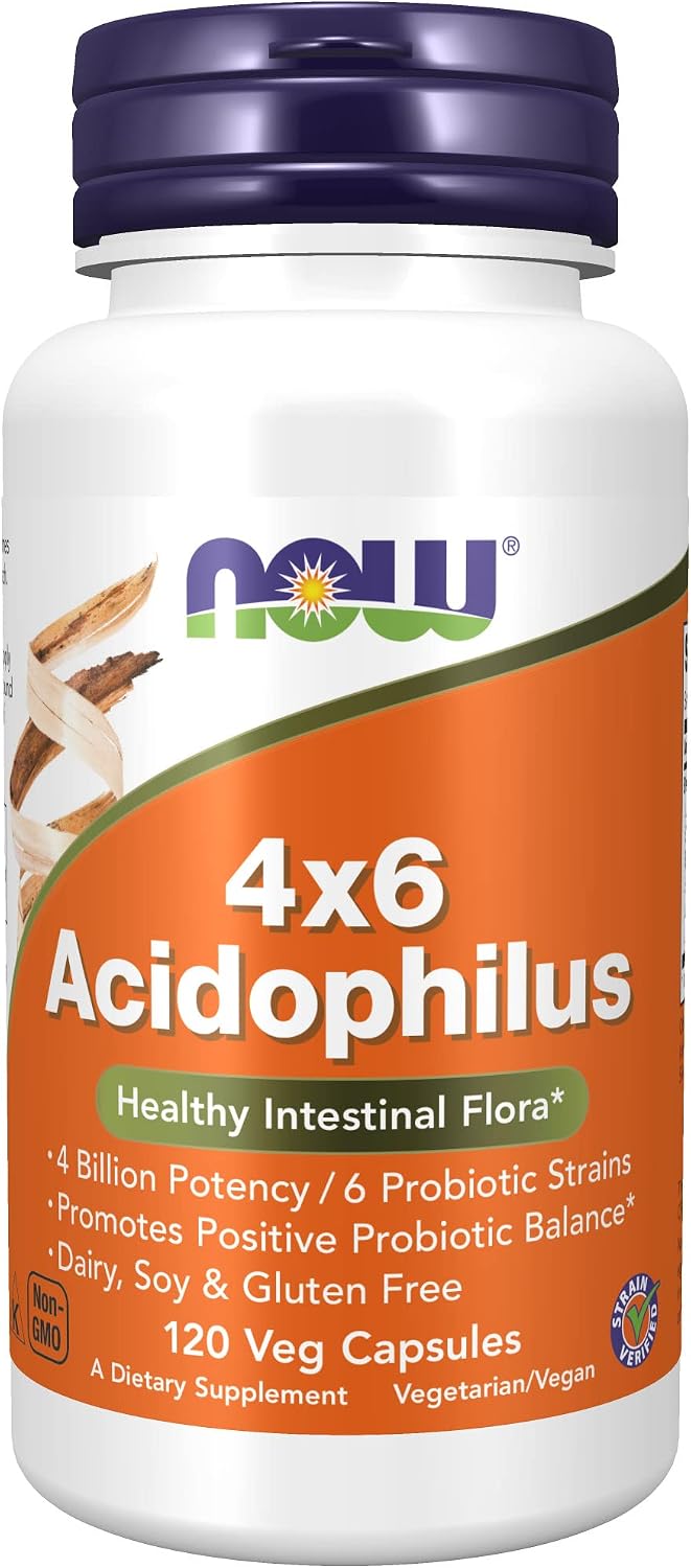 NOW Supplements, Acidophilus 4X6, 4 Billion Potency with 6 Probiotic Strains, Strain Verified, 120 Veg Capsules