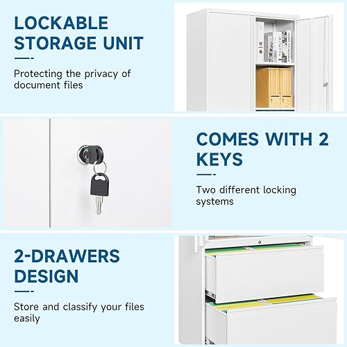 Miniatura 23 de Archivador de metal de 2 cajones, archivadores verticales laterales para oficina en casa, archivador de bloqueo con estantes de almacenamiento