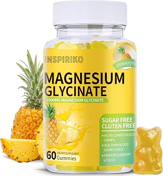 Magnesium Glycinate Gummies 1000mg - Sugar-Free Magnesium Potassium Supplement with Vitamin D, B6, CoQ10 for Adults & Kids,High Absorption for Calm Mood & Sleep Support - 60 Pineapple Gummies