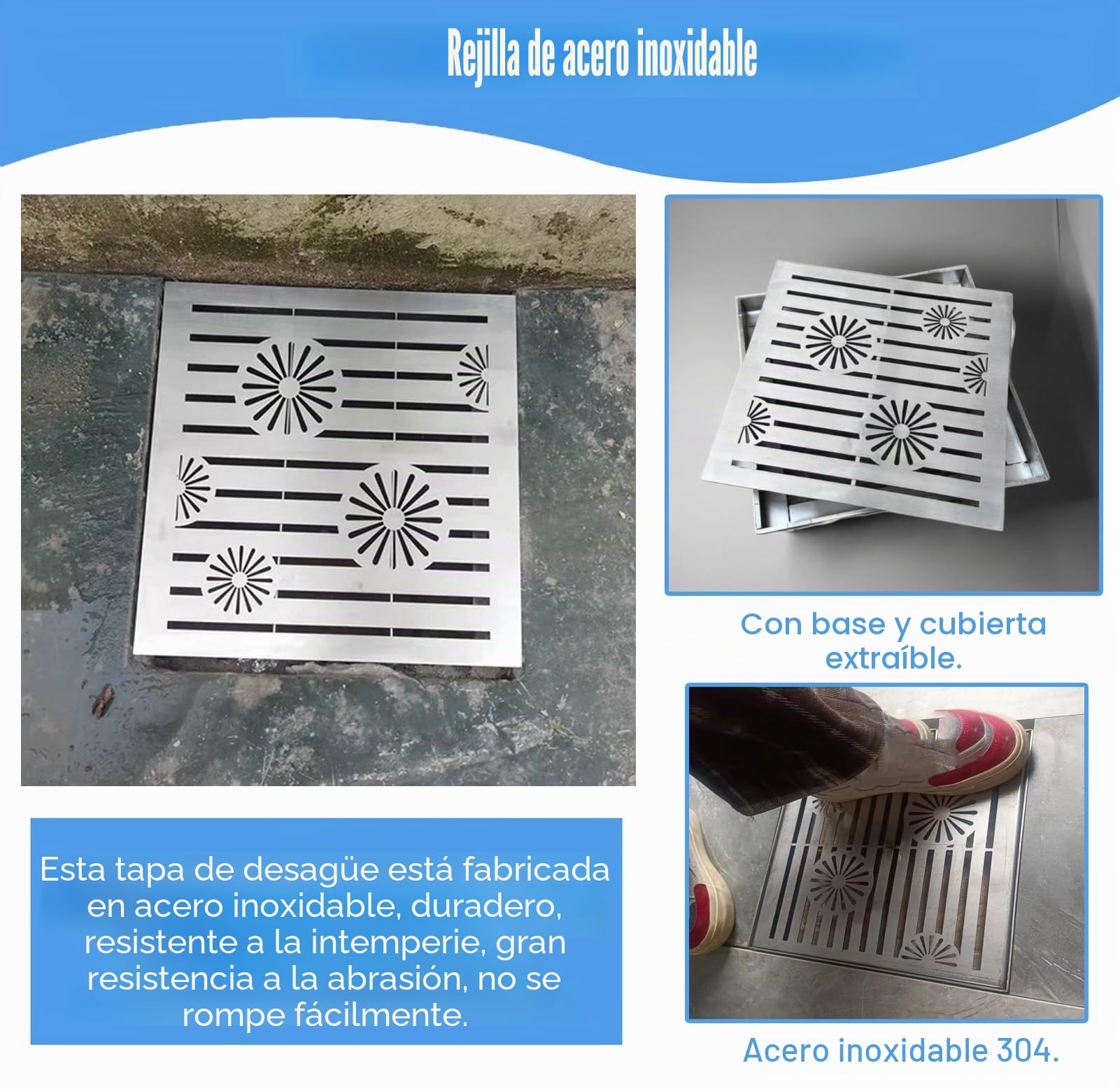 Canaleta Desague con Rejilla Rejilla de Drenaje Cuadrada de 10 X 10, 15 X 15, 20 X 20, 25 X 25, 30 X 30 Cm, Rejilla de Acero Inoxidable Duradera para Drenaje Exterior, Filtro de Drenaje(25cmx25cm( 9 7