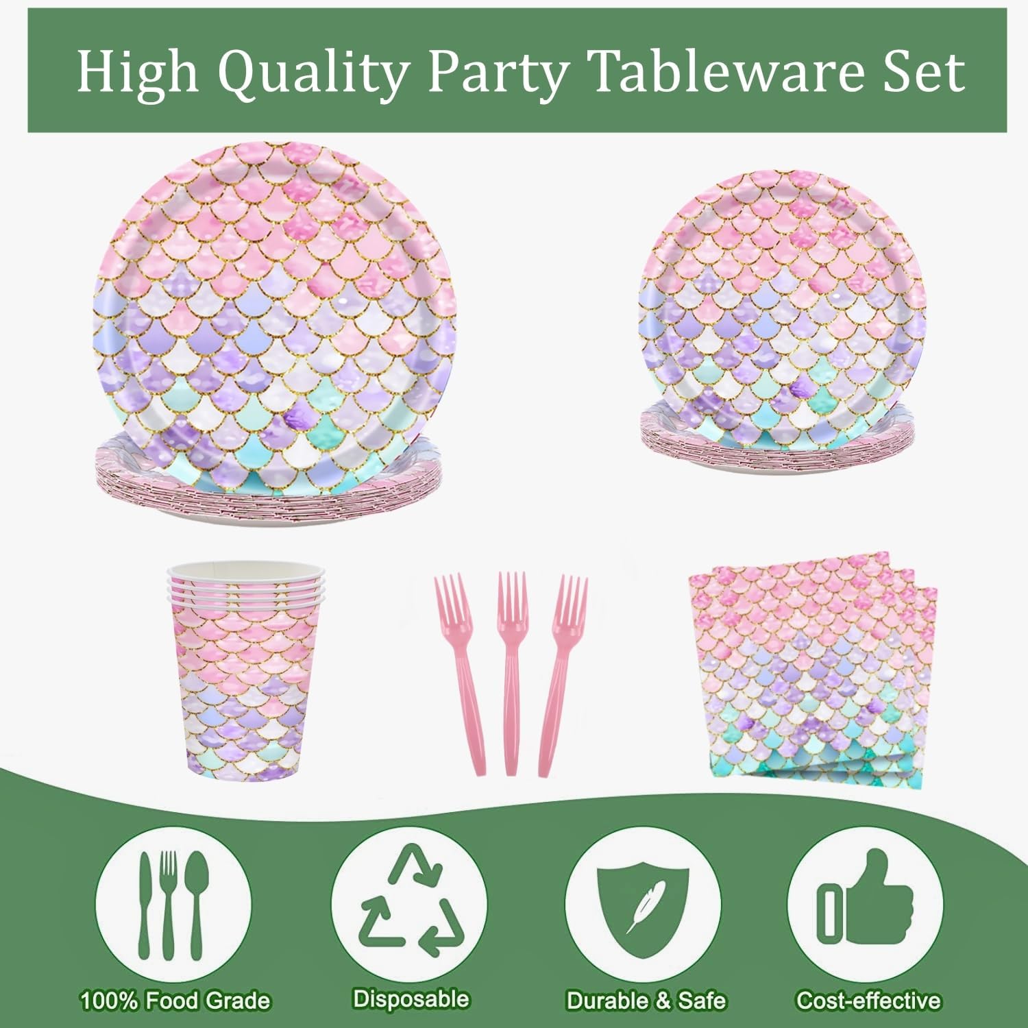 122 Pcs Mermaid Birthday Party Decorations Supplies Includes Plates and Napkins, Fork, Cup, Tablecloth, Banner for 24 Guests, Little Mermaid Theme Decor Paper Plates for Girls under the Sea Party