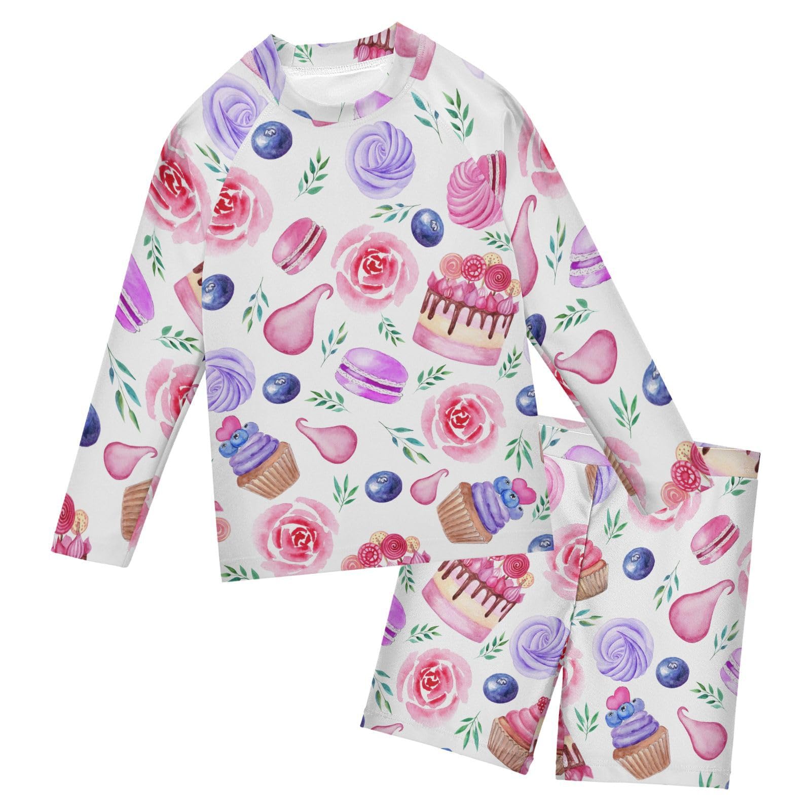 Aflyko Boys' Rash Guard Set Macaron Cupcake Rose Blueberry Crewneck Swim Shirt with Jammer Stretchy Beach Shorts Comfortable Fit Summer Daily Wear, 7-8T