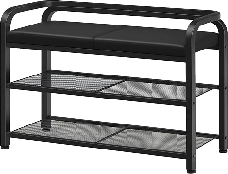 YATINEY Shoe Bench with Backrest, Entryway Bench, 2-Tier Shoe Rack with PU Padded Seat, Upholstered Shoe Storage Bench with Back, for Hallway, Entryway, Foyer, Bedroom, Black HX04BB