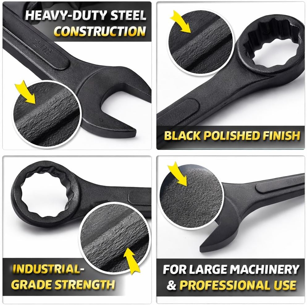 Jumbo Combination Wrench Set, SAE 2-1/8'', 2-1/4'', 2-3/8'', and 2-1/2'' Extra Large 4-Piece Open-End Wrench Set, Storage Bag Included, Black Oxide Finish