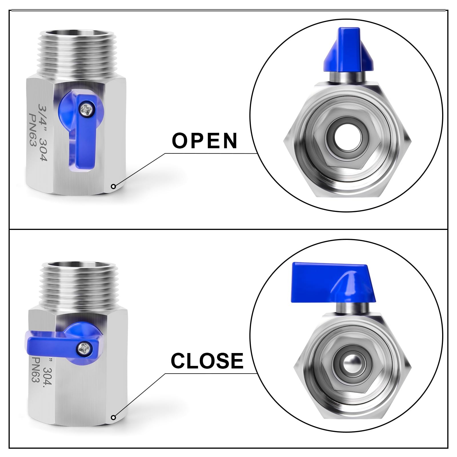 2 Stück 3/4" BSP Innengewinde x 3/4" BSP Außengewinde Hochleistungskugelhahn aus Edelstahl 304 mit 2 Stück 3/4" SUS 304 Hex-Nippel-Anschluss