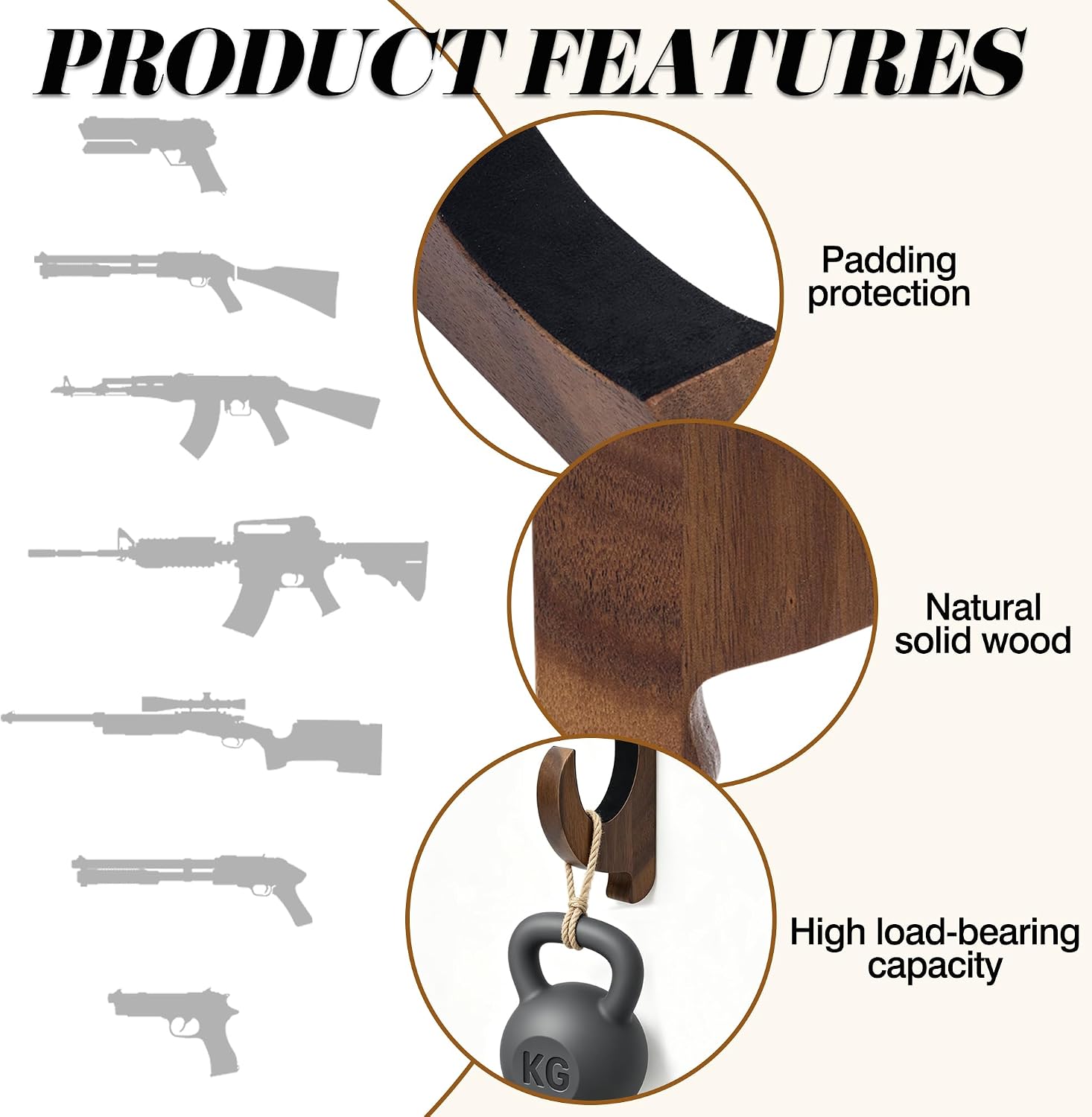 Gun Rack Solid Wood Wall Mount Rifle Hook, Horizontal Display Gun Hook with Hidden Screws, Ideal for Displaying Rifles, Shotguns, and Bows