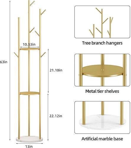 Miniatura 5 de Perchero dorado, perchero de metal, colgador de árbol independiente con 3 estantes de almacenamiento y 9 ganchos de alta calidad y base de mármol