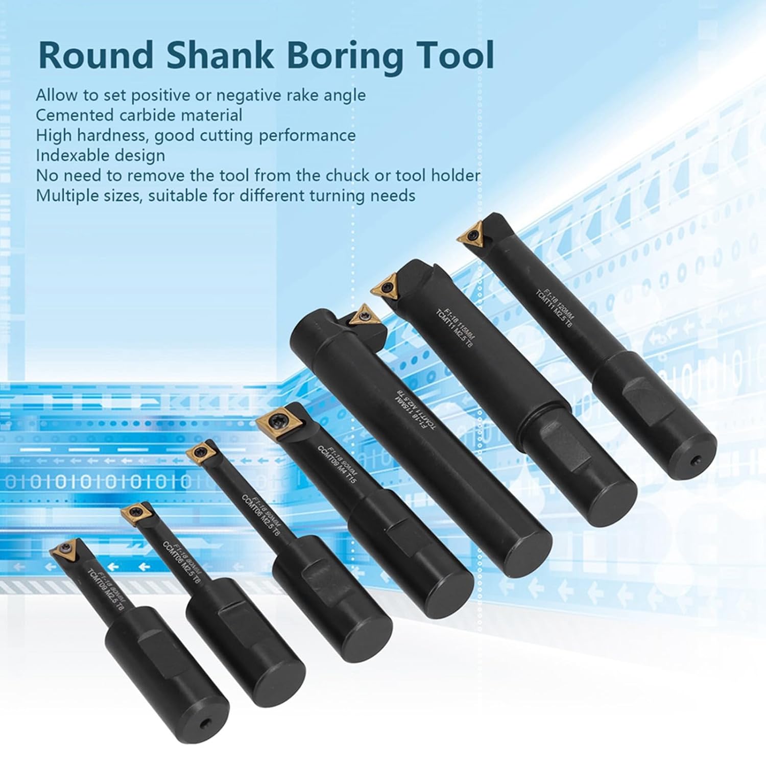 7Pcs B18mm Round Shank Indexable Cemented Carbide Turning Bar Holder F1 18, for Turning Inner Holes and Profi, Includes 7 BWood Block for