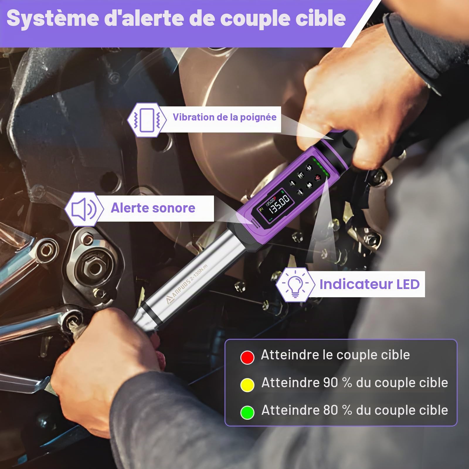 ANPUDS Clé Dynamométrique Numérique 3/8" (2-135 Nm) pour Autos et Motos, Précision ±1% avec Alertes Vibrantes, Sonores et LED, Set de Serrage Électronique pour Roues, Freins et Mécanique Générale