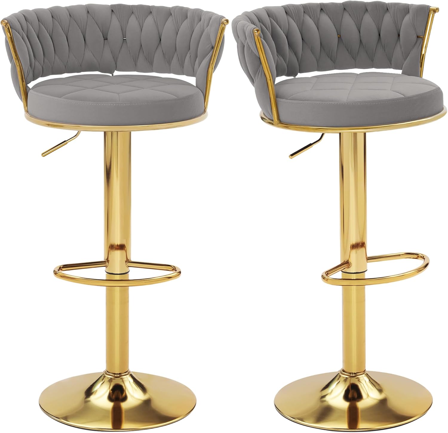 VECELO Bar Stools Set of 2, Adjustable Barstools Counter Height Stools with Back and Arm, Velvet Woven Kitchen Island Stools w/Gold Metal Leg & Base, 360° Swivel Bar Chair, Light Grey