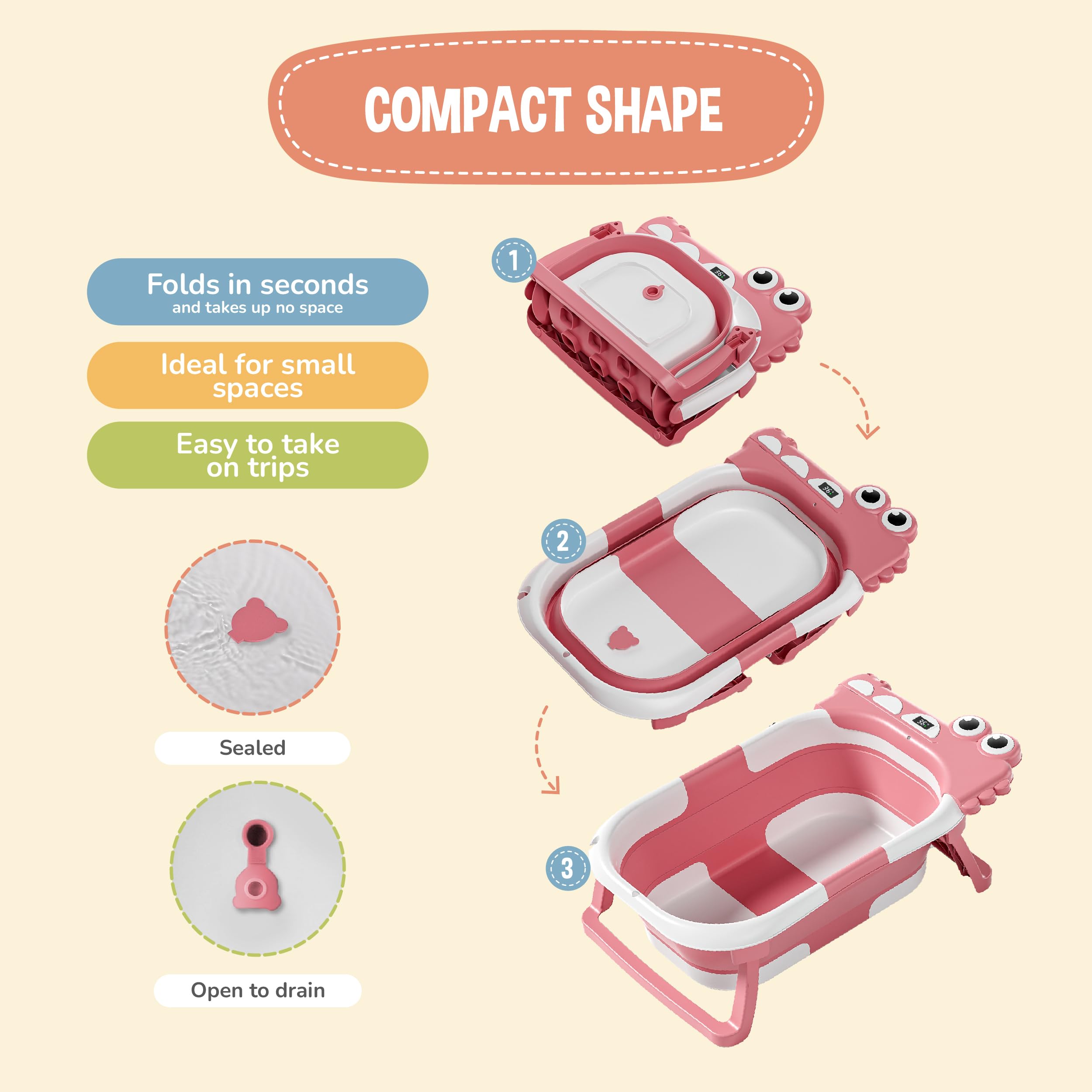 Bañera Plegable Bebé Con Cojín De Baño Antideslizante - Bañera Bebe Plegable Con Termómetro - Asiento bañera Bebe - Desde El Nacimiento Hasta Los 3 Años - Regalos De Nacimiento (ROSA, DINO)