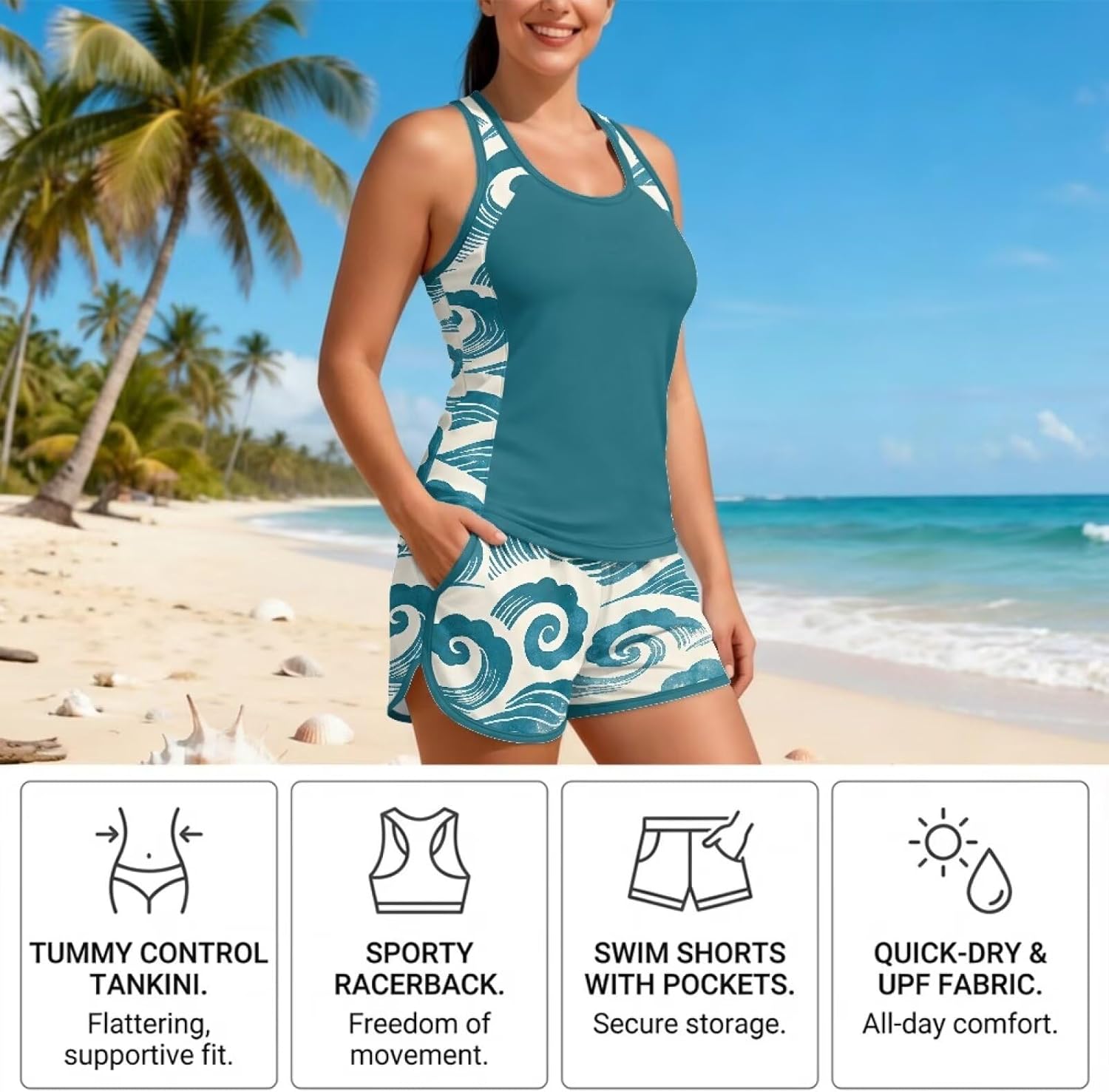 Women's 2 Pcs Crew Neck Plus Size Tankini Swimsuits with Pockets Racerback Top with Sporty Swim Shorts Size S-6XL