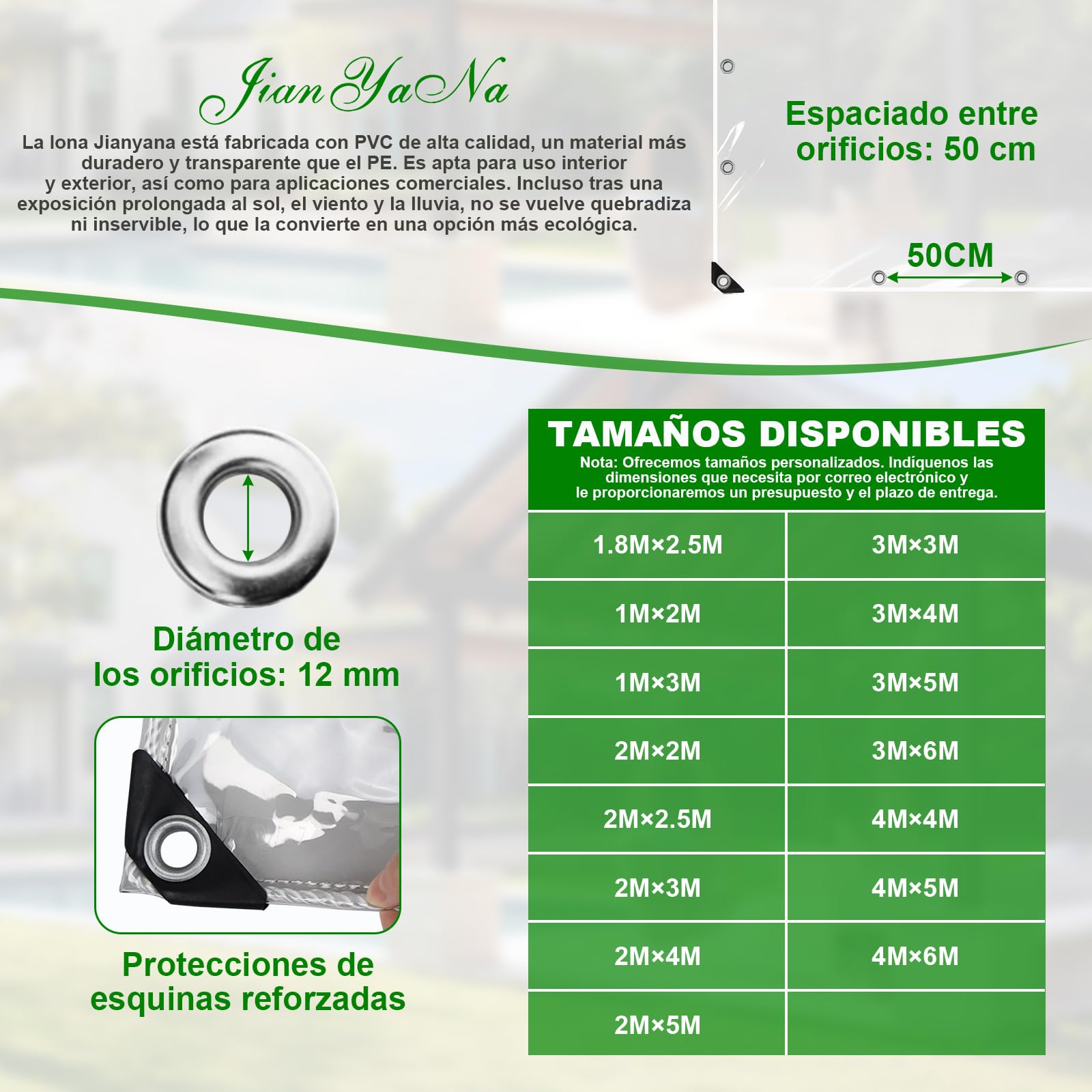 Jianyana Lona Transparente Impermeable 2×2.5m, 250 g/m² PVC Lonas Impermeables Exterior Transparente toldo Transparente Exterior con Lacci Di Fissaggio, Ancoraggio