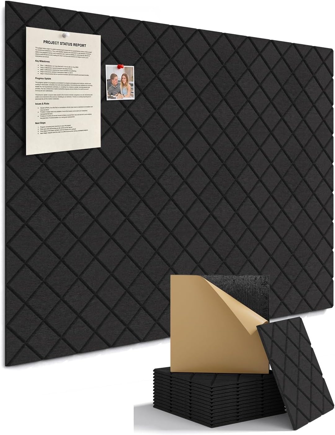 Kuchoow Bulletin Cork Board Large 47.2" x 35.4" Felt Notice Pinboard for Office Walls & Home, Self Adhesive 12 Pack Black Decorative Bulletin Mood Board Corkboard for for Bedroom, Display, Memo, Photo